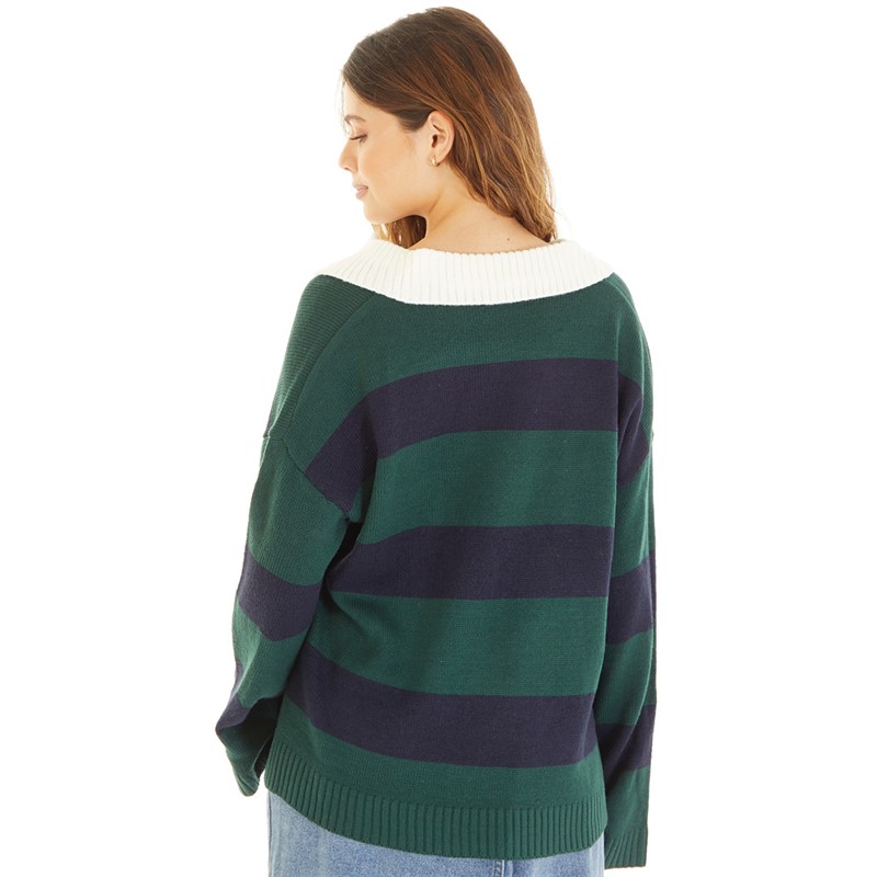 Brave Soul Womens Subas Collar Jumper Bottle Green/Navy Stripe