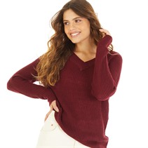 Brave Soul Womens Max Fisherman V Neck Jumper Berry