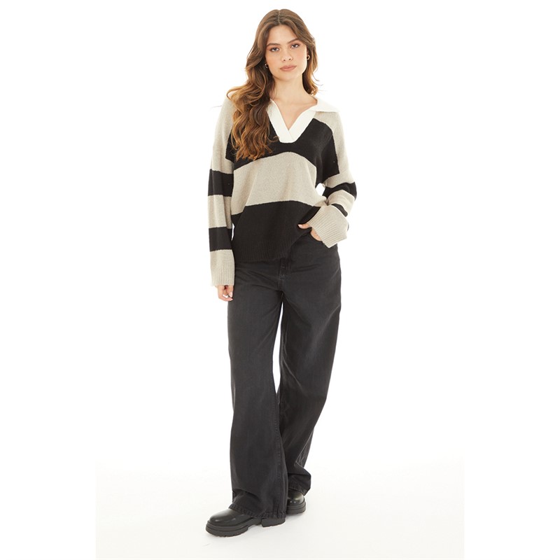 Brave Soul Womens Ditto Collar Jumper Mink/Black Stripe