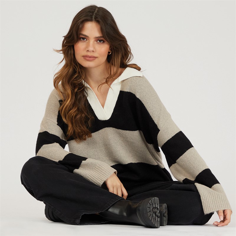 Brave Soul Womens Ditto Collar Jumper Mink/Black Stripe