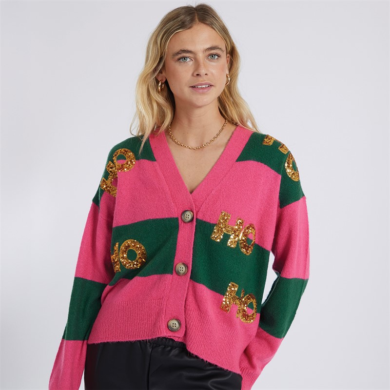 Brave Soul Womens Christmas Cardigan Pink/Green Stripe