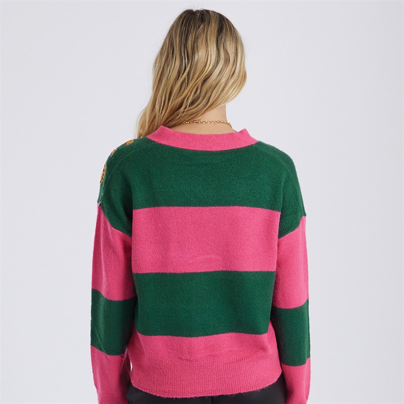 Brave Soul Womens Christmas Cardigan Pink/Green Stripe