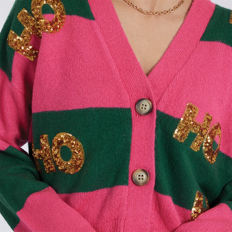 Brave Soul Womens Christmas Cardigan Pink/Green Stripe