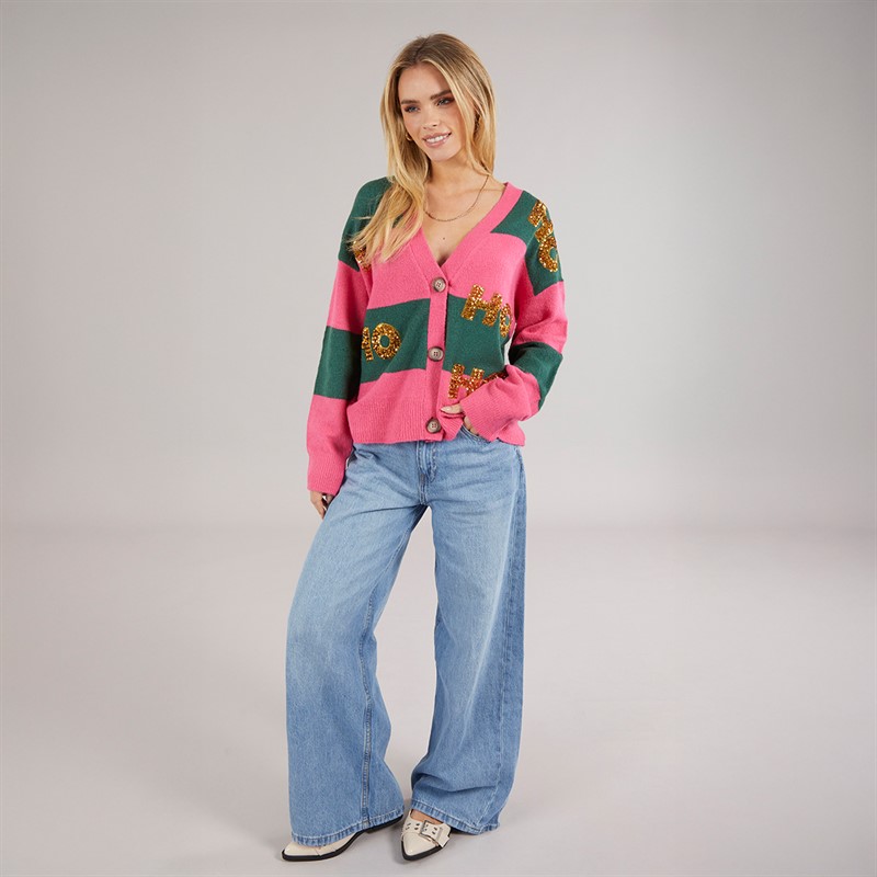 Brave Soul Womens Christmas Cardigan Pink/Green Stripe