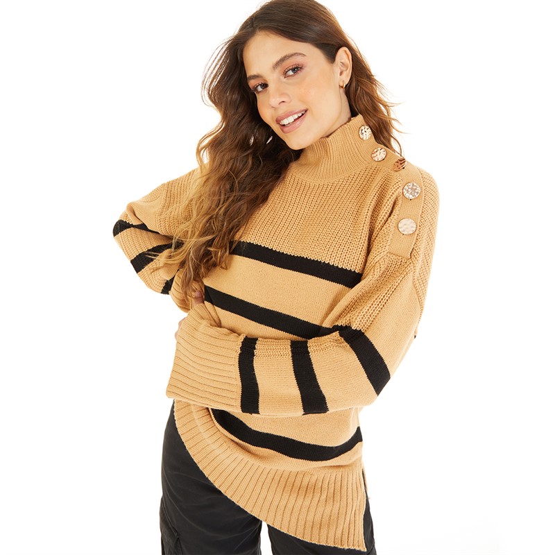 Brave Soul Womens Buzzoff Mixed Stitch Jumper Camel/Black Stripe