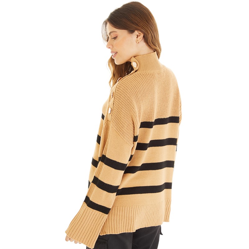 Brave Soul Womens Buzzoff Mixed Stitch Jumper Camel/Black Stripe