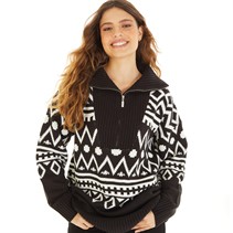 Brave Soul Womens Navho Drop Shoulder Zip Collar Jumper Black/White