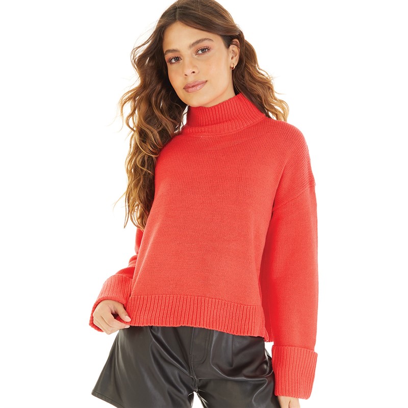 Brave Soul Womens Anna Turtle Neck Fisherman Jumper Red