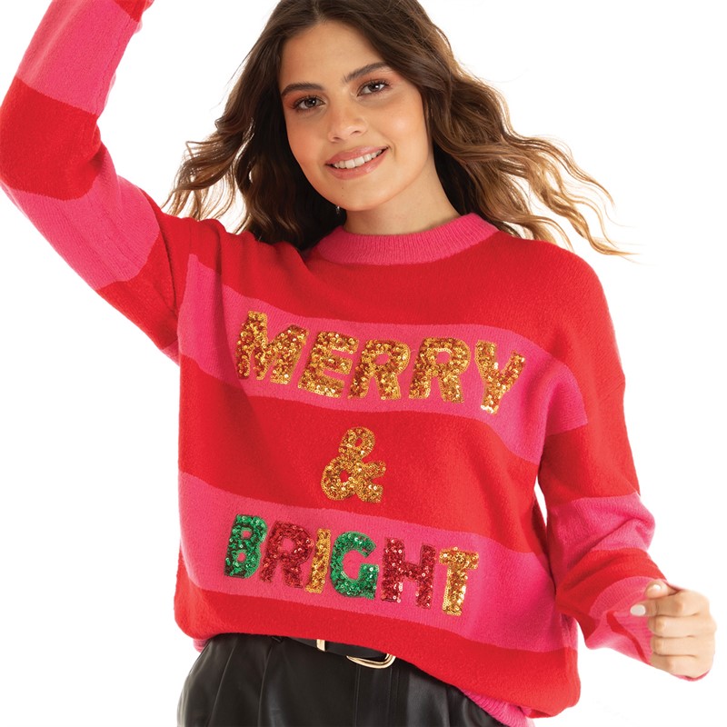 Brave Soul Womens Christmas Bright Jumper Red/Pink Stripe