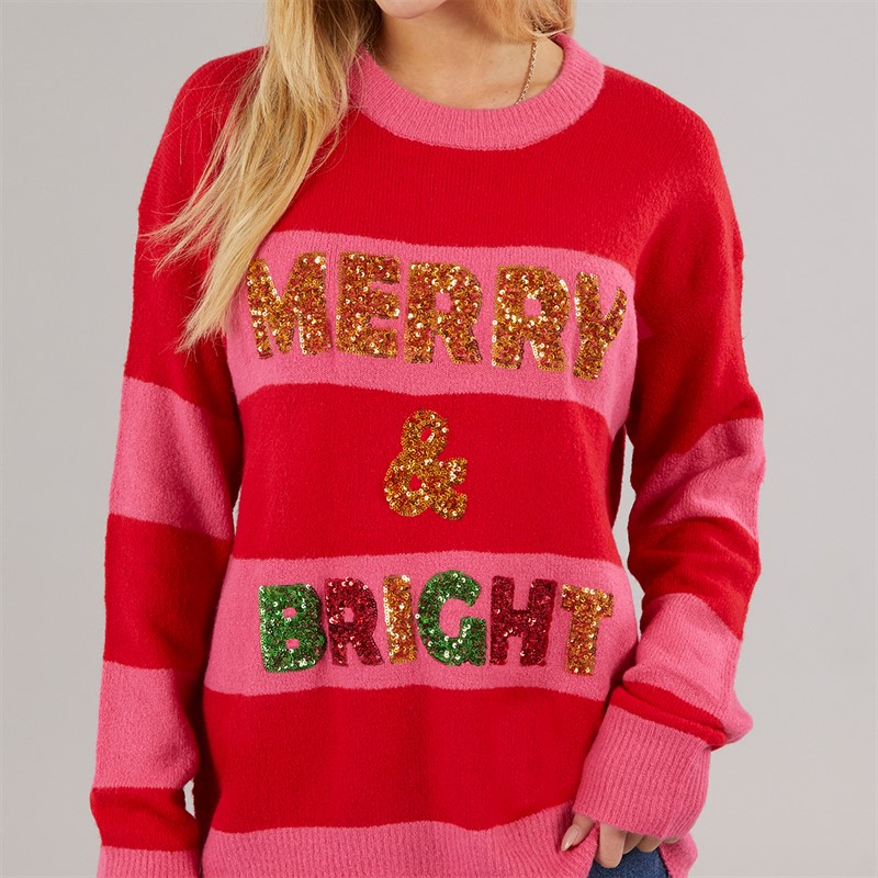 Brave Soul Womens Christmas Bright Jumper Red/Pink Stripe