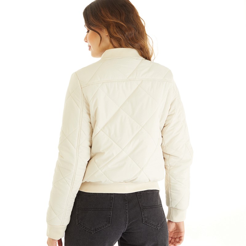 Brave Soul Womens Kajaldiam Quilted Bomber Jacket Cream