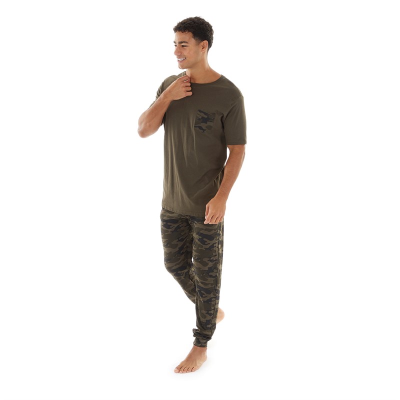 Brave Soul Mens Camo Loungewear T-Shirt And Joggers Set Khaki/Camo