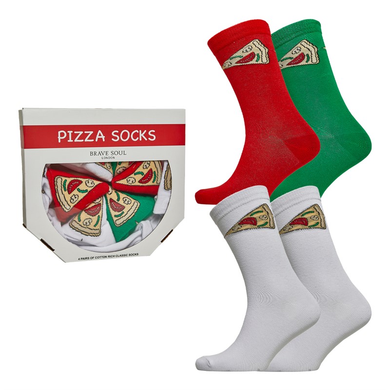 Brave Soul Mens Delivery Four Pack Pizza Socks With Gift Box White/Green/Red