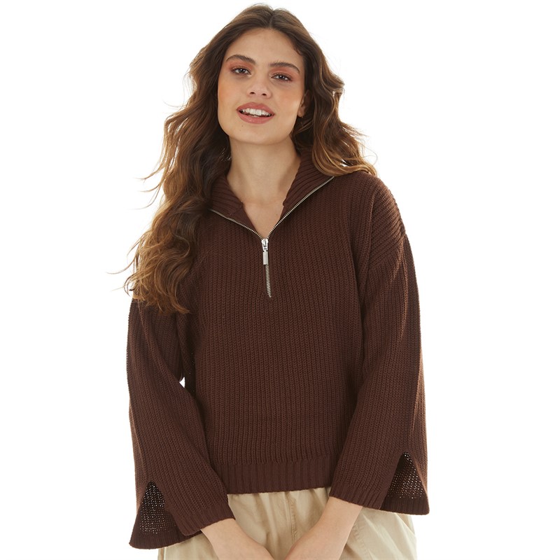 Brave Soul Womens Figira Half Zip Jumper Brown