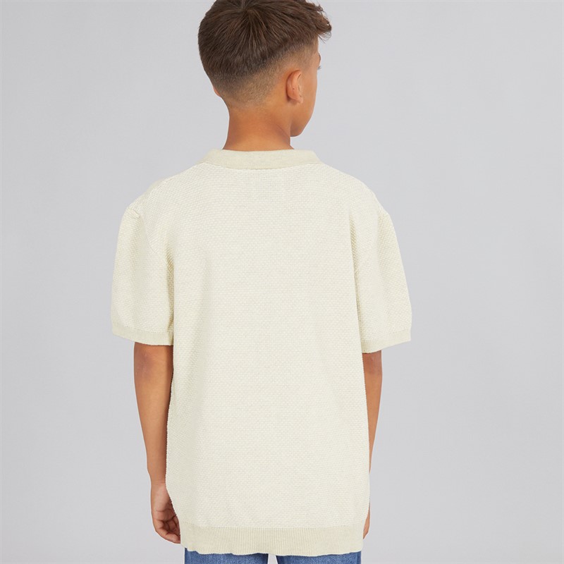 Brave Soul Boys Short Sleeve Button Placket Knitted Polo Shirt BEIGE / WHITE