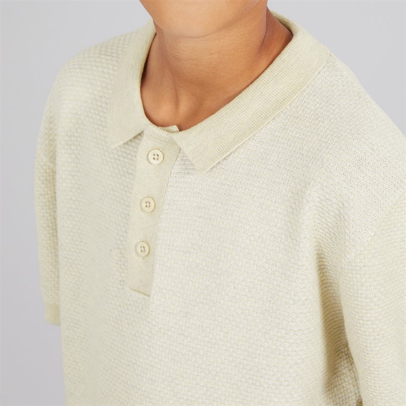 Brave Soul Boys Short Sleeve Button Placket Knitted Polo Shirt BEIGE / WHITE