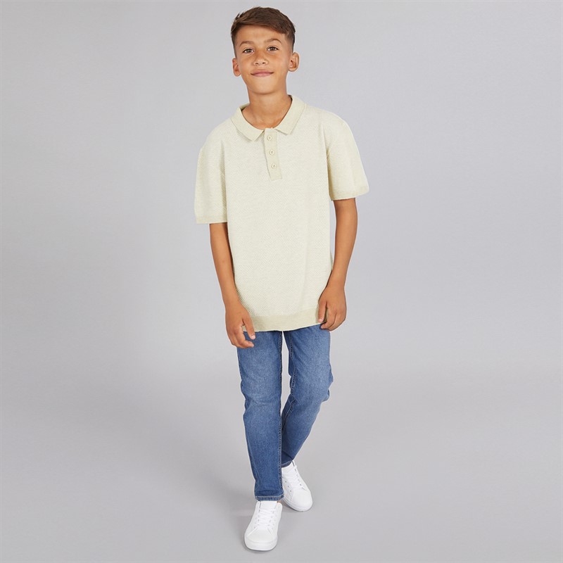 Brave Soul Boys Short Sleeve Button Placket Knitted Polo Shirt BEIGE / WHITE