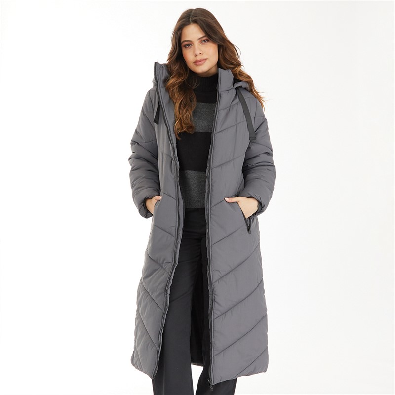 Brave Soul Womens Malmo Maxi Puffer Coat Charcoal