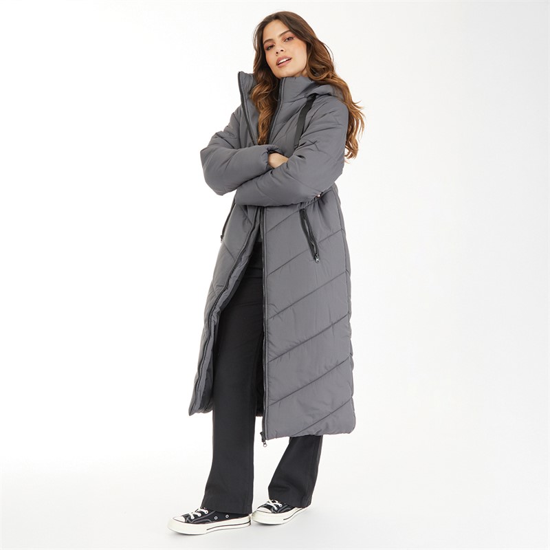 Brave Soul Womens Malmo Maxi Puffer Coat Charcoal