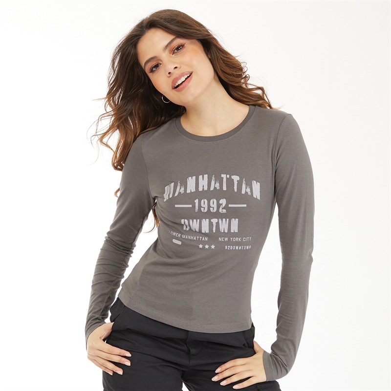 Brave Soul Womens Long Sleeve Manhattan T-Shirt Ash/Light Grey