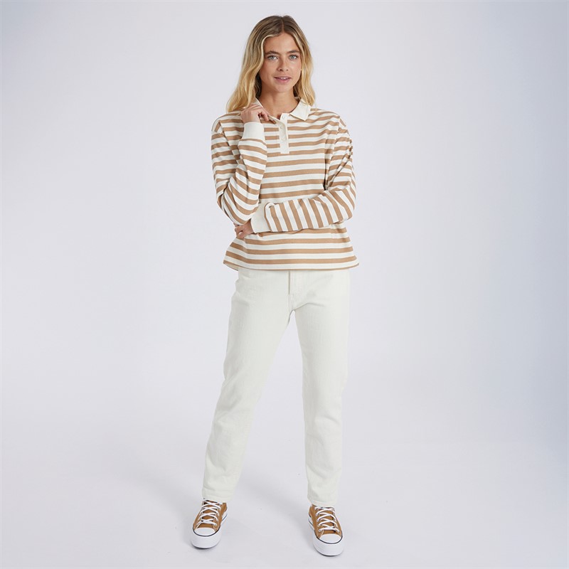 Brave Soul Womens Striped Rugby Shirt Taupe/Cream