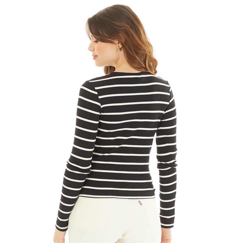 Brave Soul Womens Long Sleeve Button Down Striped Top Black/Cream