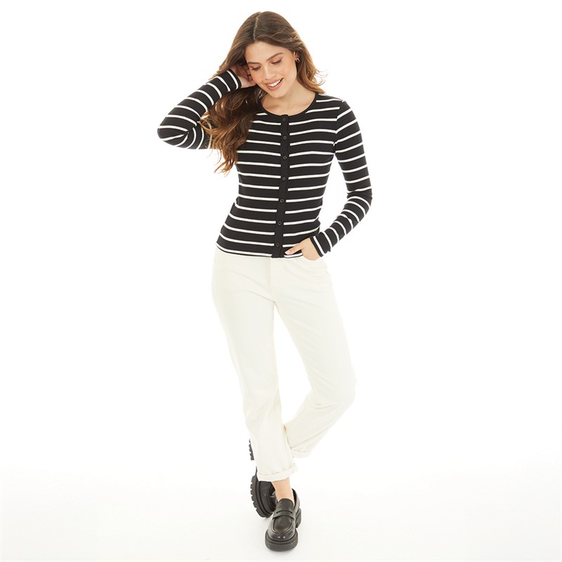 Brave Soul Womens Long Sleeve Button Down Striped Top Black/Cream