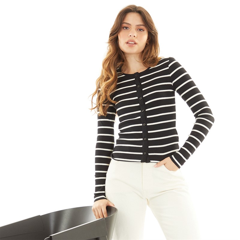 Brave Soul Womens Long Sleeve Button Down Striped Top Black/Cream