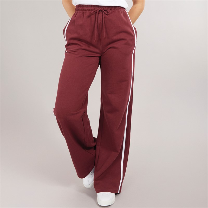 Womens Side Stripe Wide Leg Joggers Burgundy/White - Size L