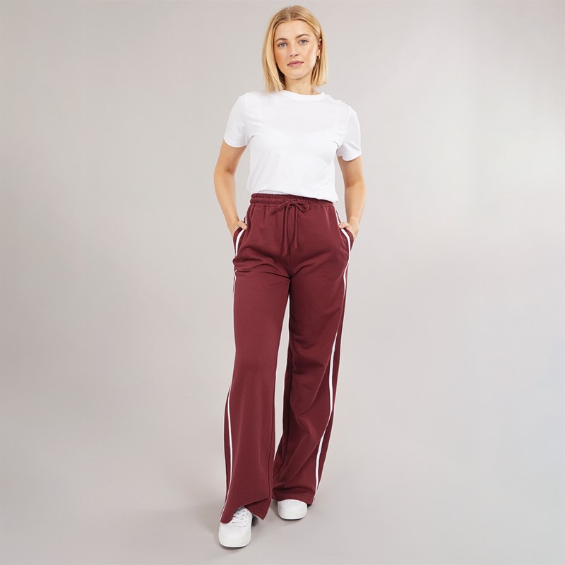 Brave Soul Womens Side Stripe Wide Leg Joggers Burgundy/White