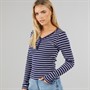 Brave Soul Womens Stripe V-Neck Long Sleeve Top Navy/White