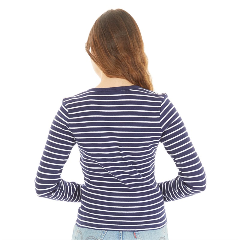 Brave Soul Womens Stripe V-Neck Long Sleeve Top Navy/White