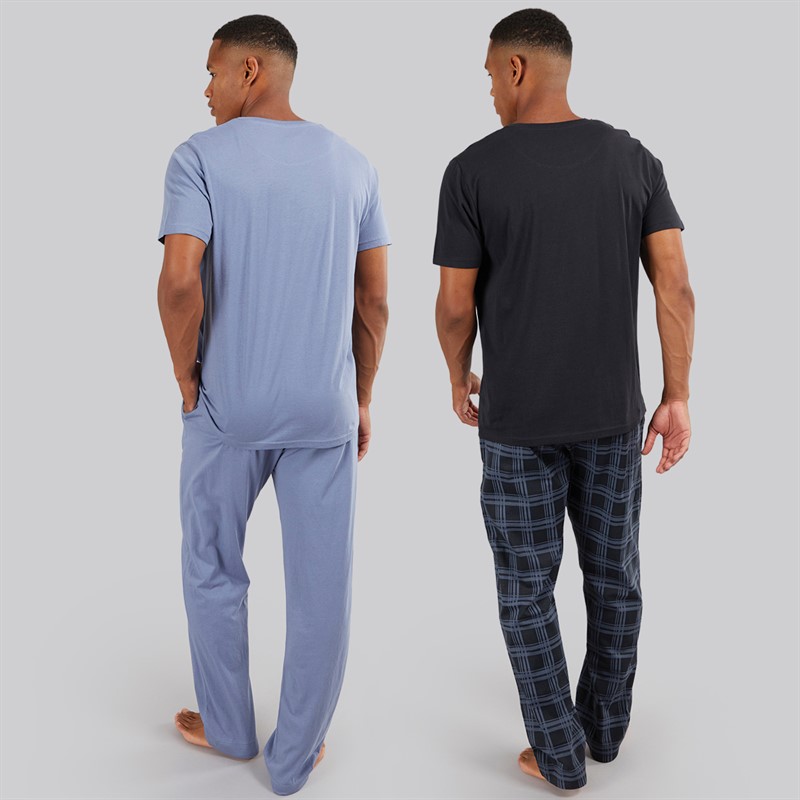 Brave Soul Mens Carl Two Pack T-Shirts And Lounge Pants Set Navy/Check/Blue