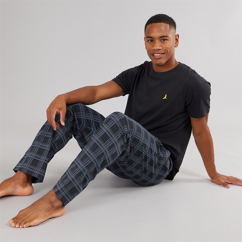 Brave Soul Mens Carl Two Pack T-Shirts And Lounge Pants Set Navy/Check/Blue