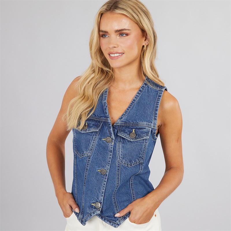 Womens Denim Button Through Vest Mid Vintage Wash - Size 12