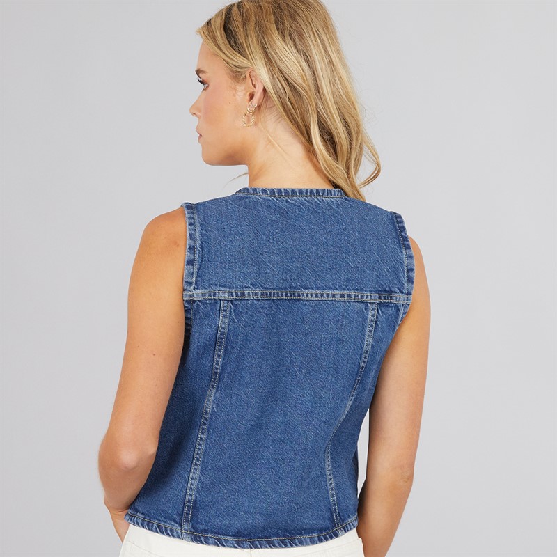 Brave Soul Womens Denim Button Through Vest Mid Vintage Wash