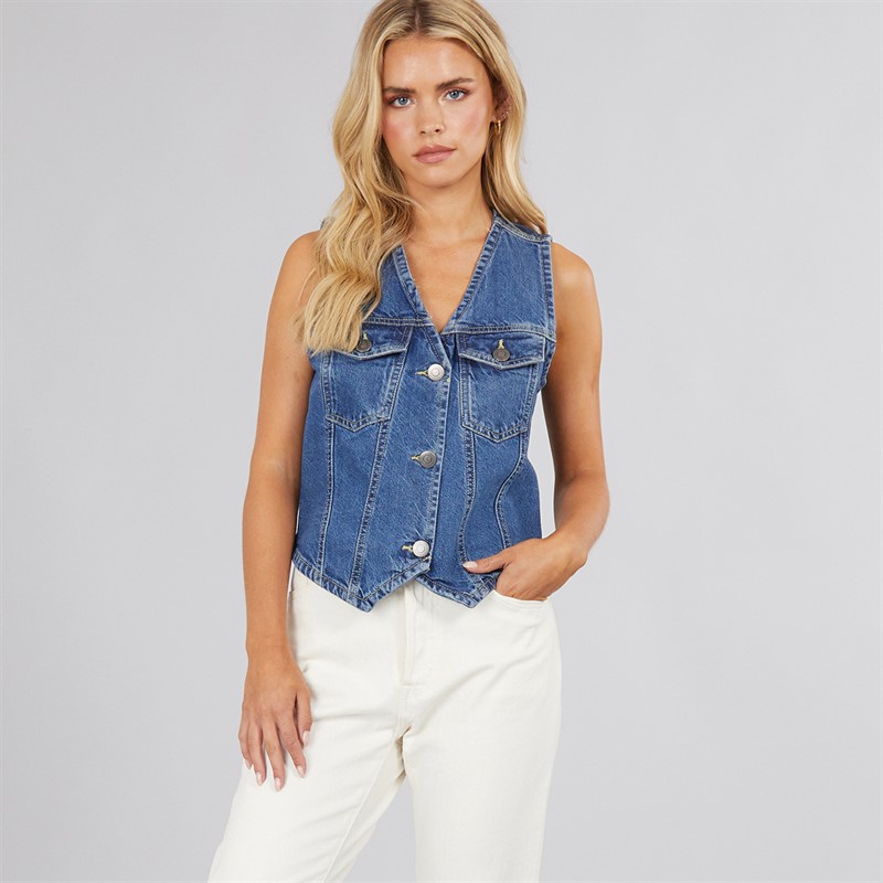 Brave Soul Womens Denim Button Through Vest Mid Vintage Wash