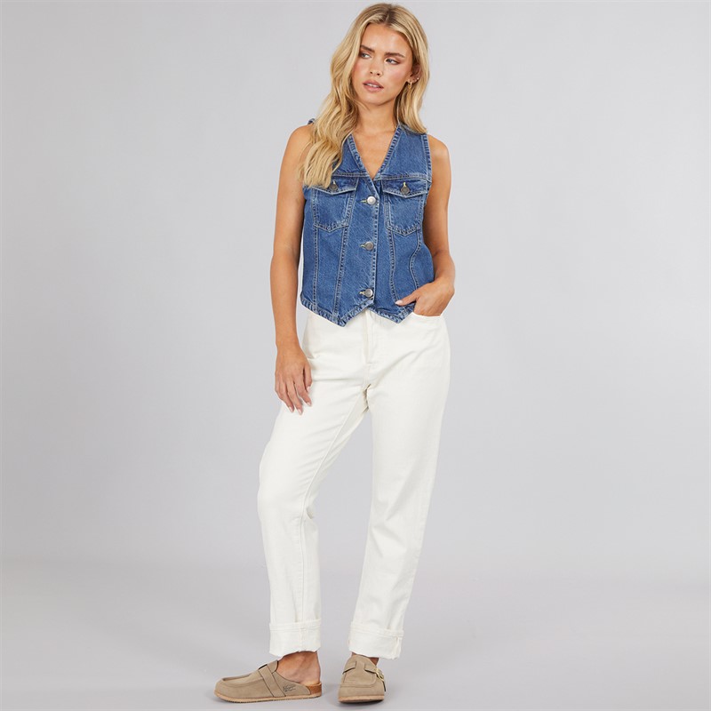 Brave Soul Womens Denim Button Through Vest Mid Vintage Wash