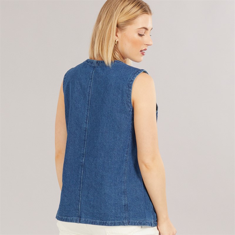 Brave Soul Womens Tie Front Waistcoat Blue Denim