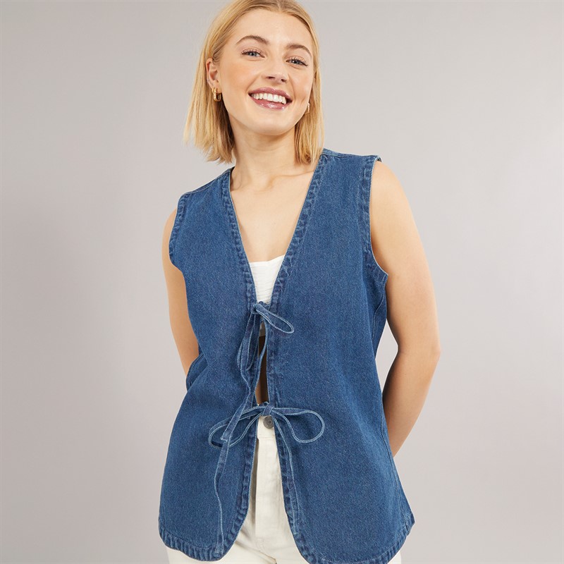 Brave Soul Womens Tie Front Waistcoat Blue Denim