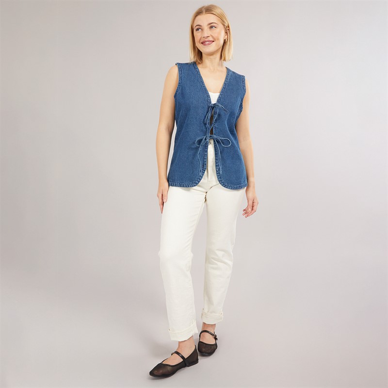 Brave Soul Womens Tie Front Waistcoat Blue Denim