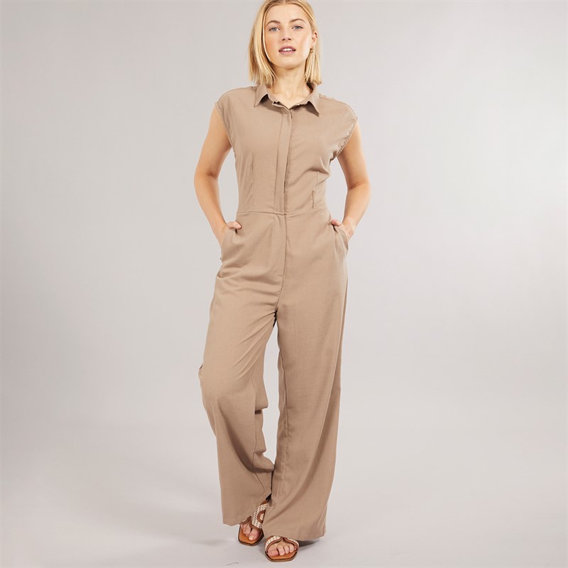 Womens Collared Jumpsuit Taupe - Size L