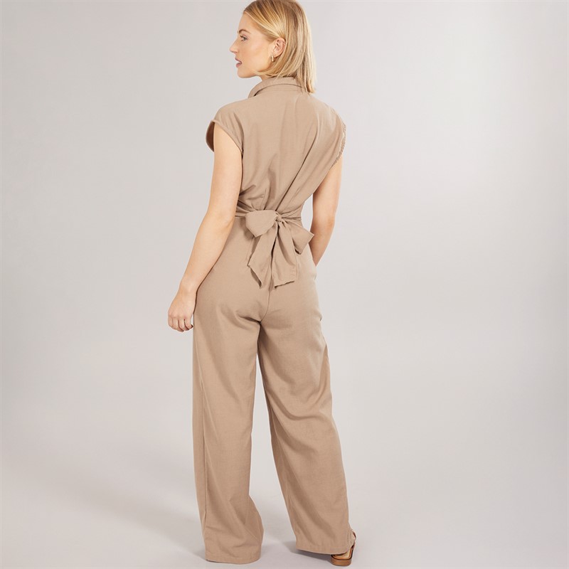 Brave Soul Womens Collared Jumpsuit Taupe
