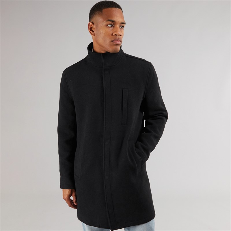 Brave Soul Mens Peyton Funnel Neck Overcoat Black