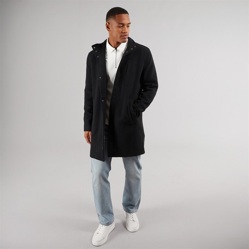 Brave Soul Mens Peyton Funnel Neck Overcoat Black