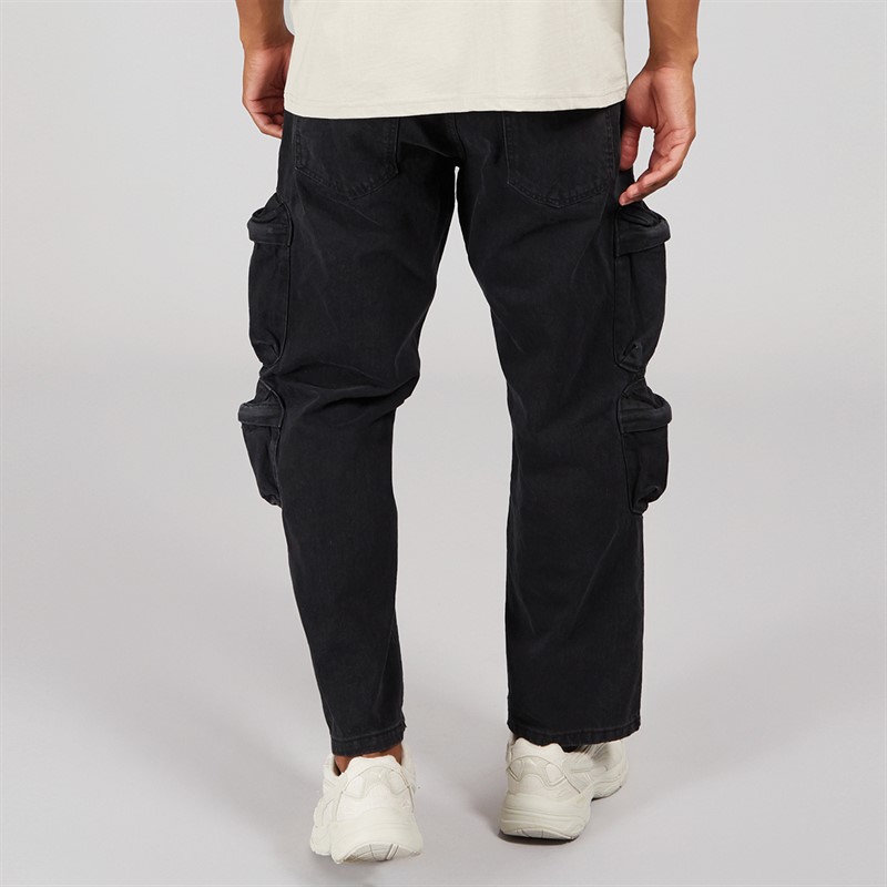 Brave Soul Mens Kansai Wide Leg Cargo Jeans Black Wash