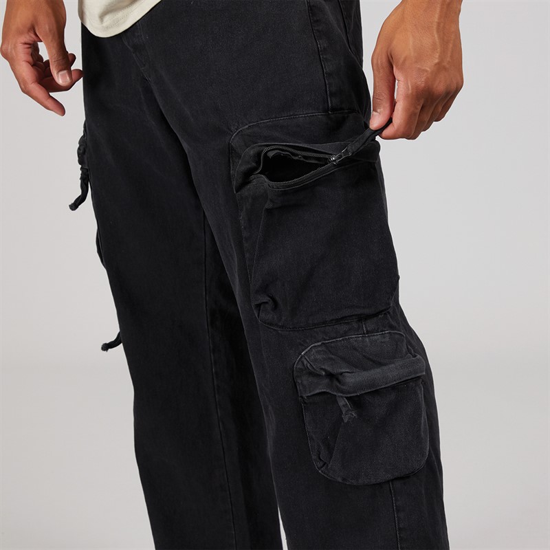 Brave Soul Mens Kansai Wide Leg Cargo Jeans Black Wash