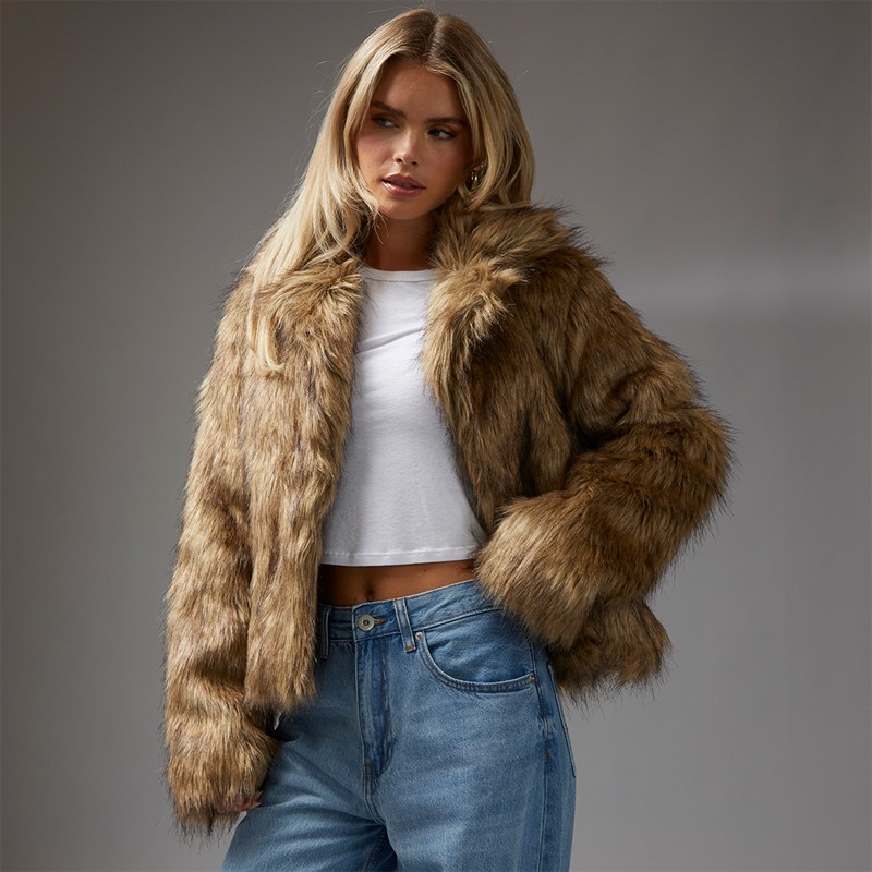 Brave Soul Womens Chive Faux Fur Jacket Natural Brown