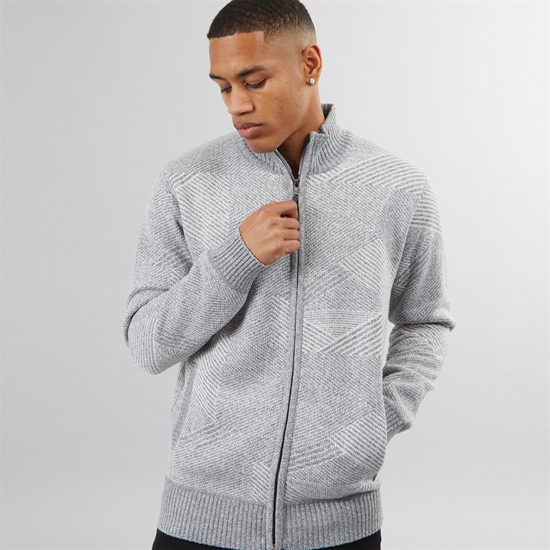 Brave Soul Mens Eadred Fully Lined Zip Through Funnel Neck Jumper Silver Grey Marl Twist