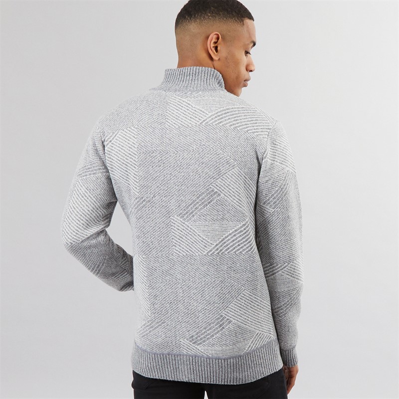 Brave Soul Mens Eadred Fully Lined Zip Through Funnel Neck Jumper Silver Grey Marl Twist